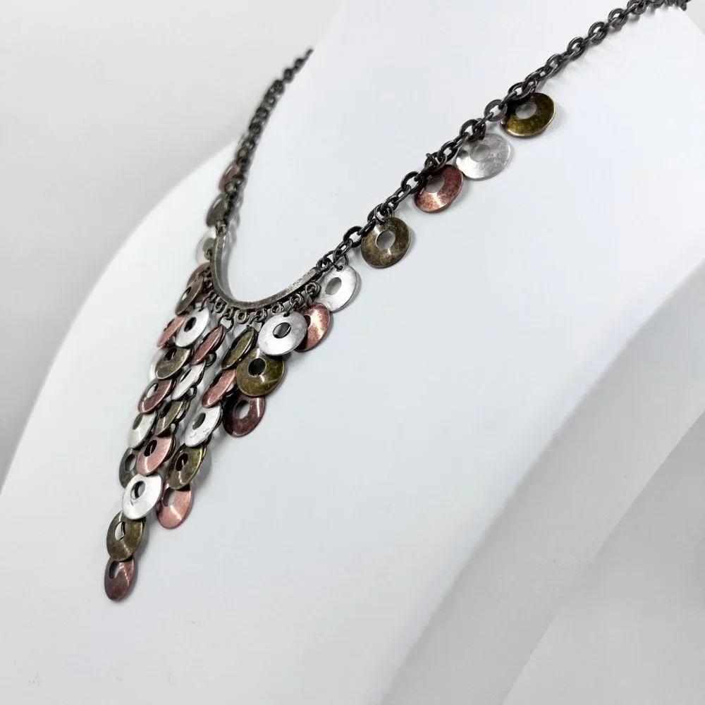 BOHO Vibes Tri-Colored Disk Dangle Brass Tone 14” Chain Choker Necklace - Picture 3 of 8